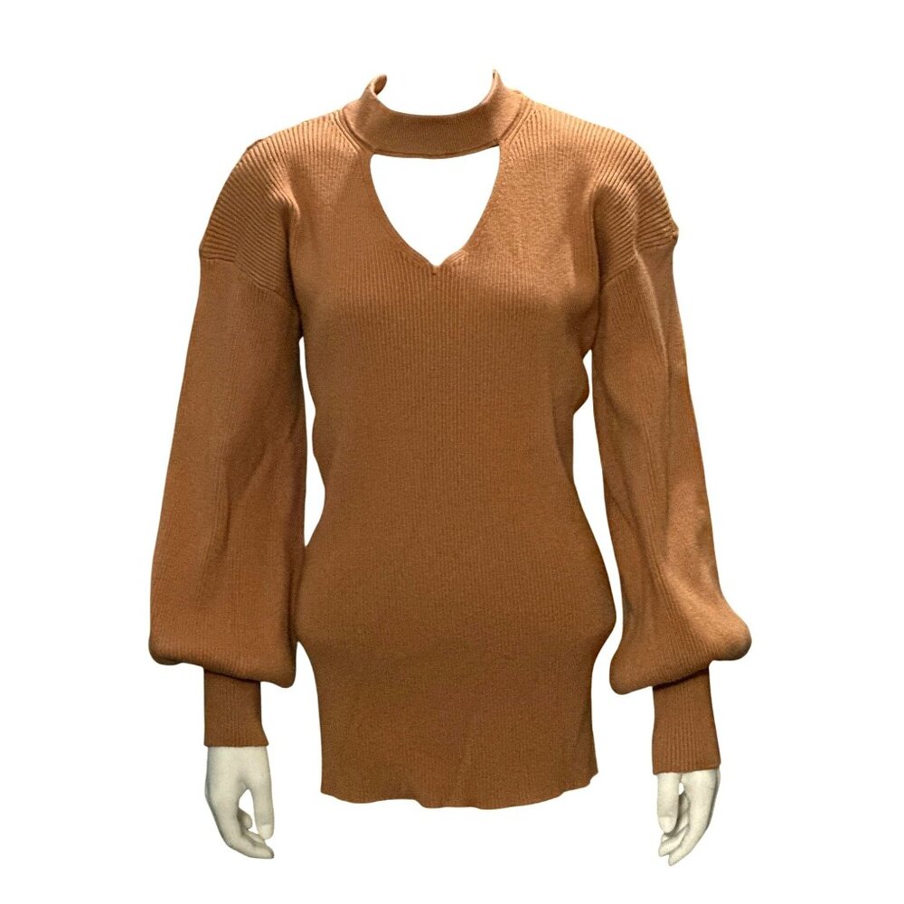 CCC Brown Cutout Sweater Ribbed Knit Gigi Neckline Bishop Sleeves Size Extra LG